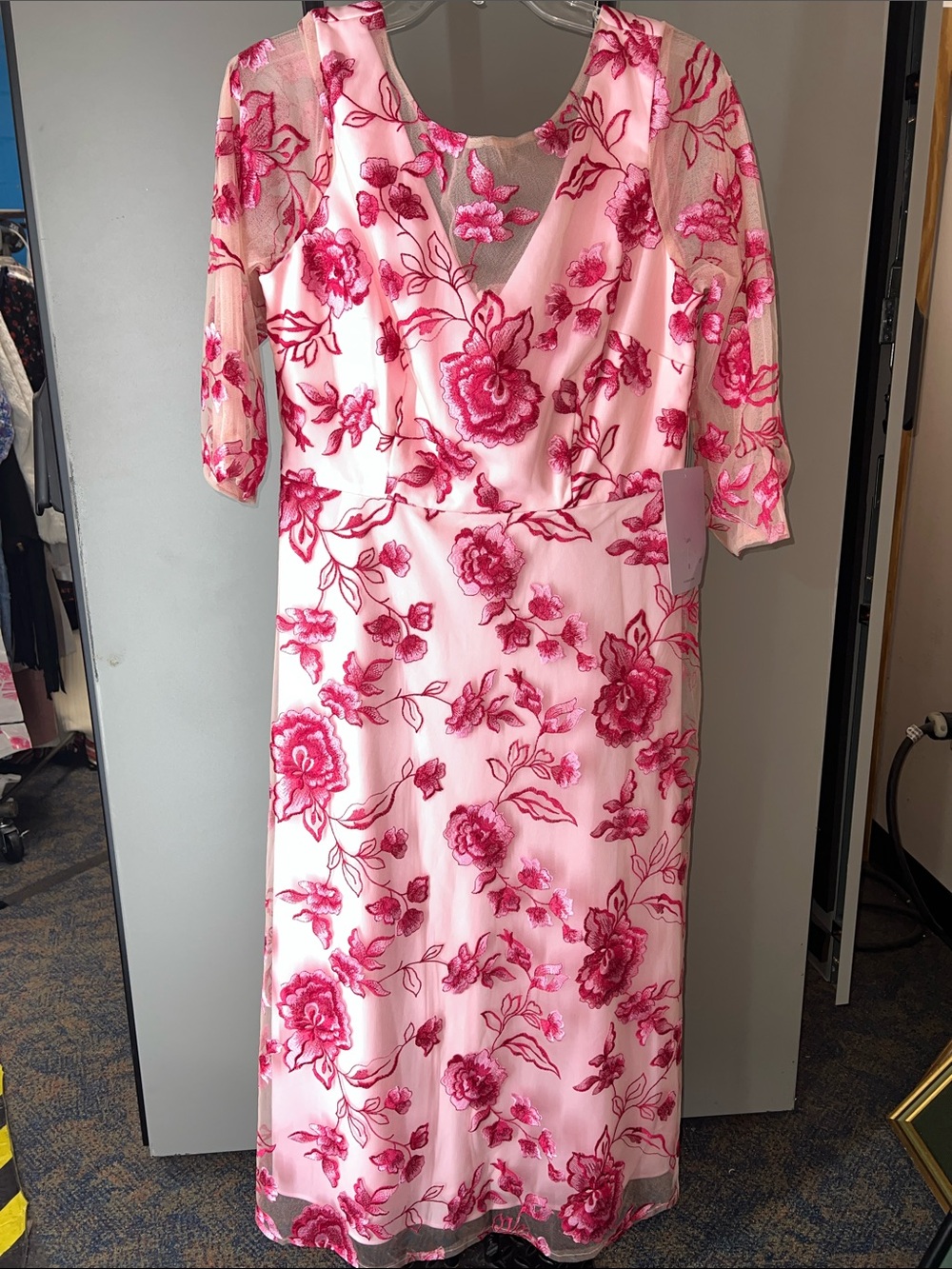 JS Collections Pink & Hot Pink Floral Midi Dress with Sheer Sleeves